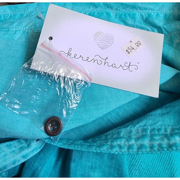 Keren Hart Blouse Size 2X NEW Distressed Finish Blue Button Front Tab Sleeves - Picture 8 of 10